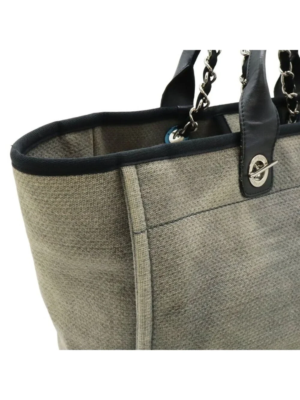 Chanel Deauville Tote GM Logo 2-Way Chain Shoulder Bag Canvas Leather Gray Black